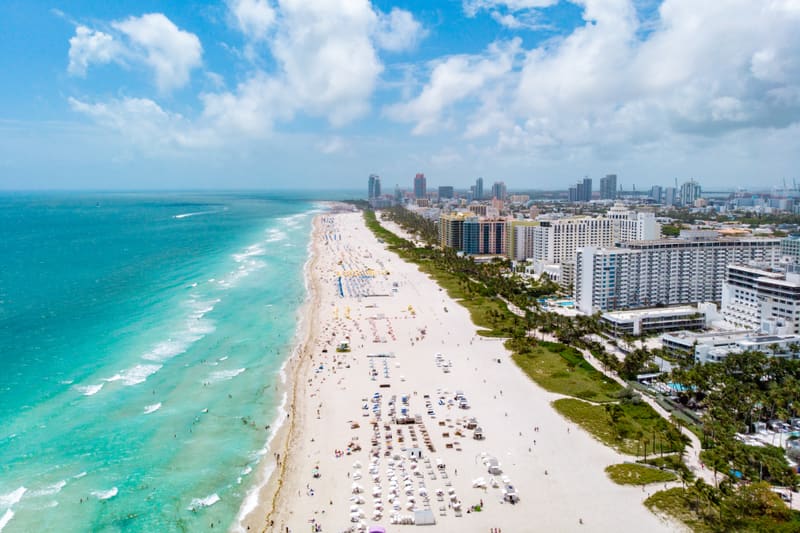 Aerial view of Miami Beach, Florida coastline and skyline